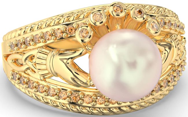 Citrine Gold Silver Claddagh Pearl Ring