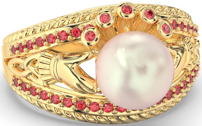 Ruby Gold Silver Claddagh Pearl Ring