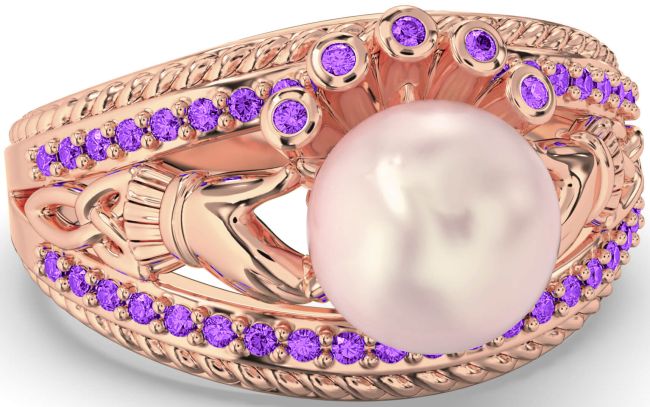 Amethyst Rose Gold Claddagh Pearl Ring