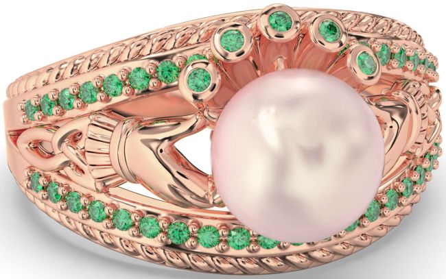 Emerald Rose Gold Claddagh Pearl Ring