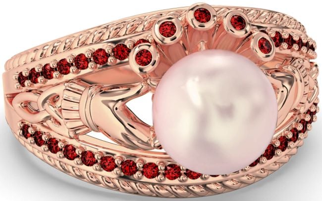 Garnet Rose Gold Claddagh Pearl Ring