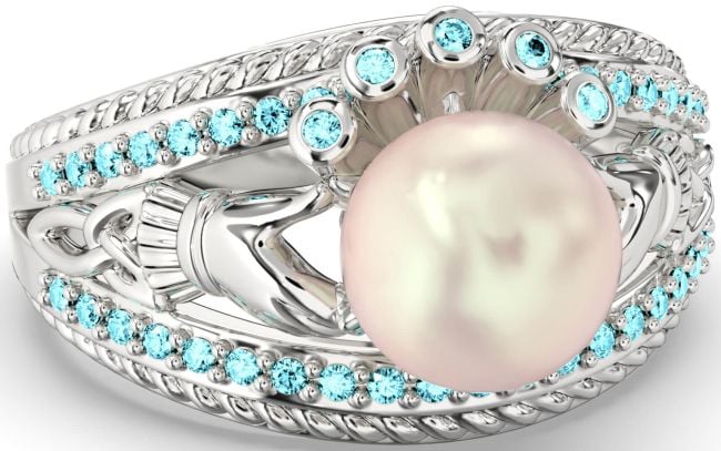 Aquamarine Silver Claddagh Pearl Ring