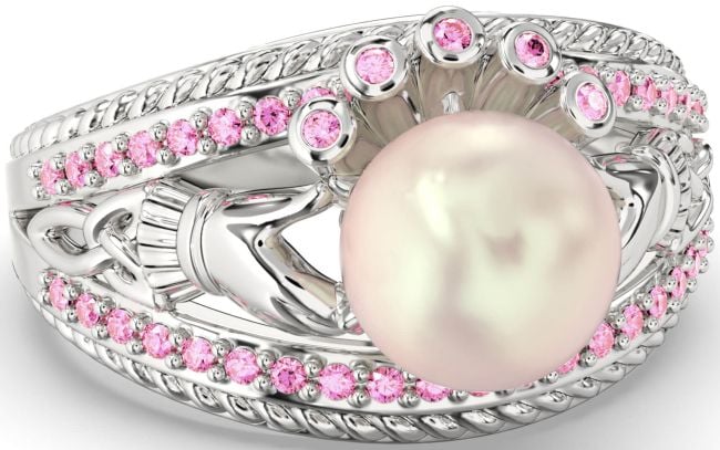 Pink Tourmaline Silver Claddagh Pearl Ring