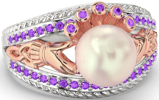 Amethyst Rose Gold Silver Claddagh Pearl Ring