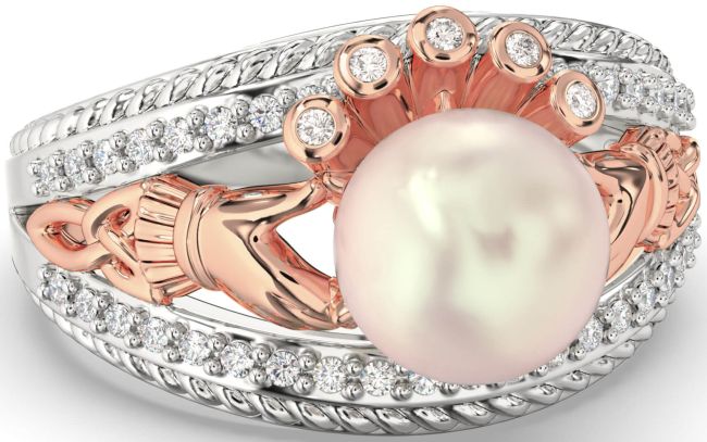 Diamond Rose Gold Silver Claddagh Pearl Ring