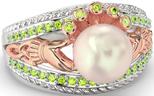 Peridot Rose Gold Silver Claddagh Pearl Ring