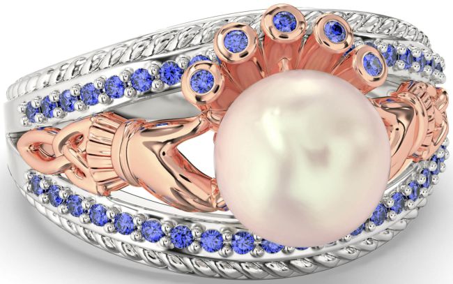 Sapphire Rose Gold Silver Claddagh Pearl Ring