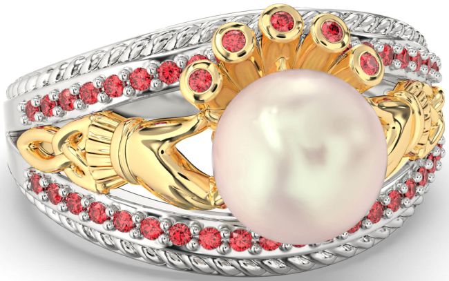 Ruby Gold Silver Claddagh Pearl Ring