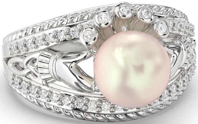 Diamond White Gold Claddagh Pearl Ring