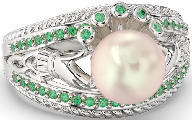 Emerald White Gold Claddagh Pearl Ring