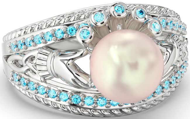 Topaz White Gold Claddagh Pearl Ring