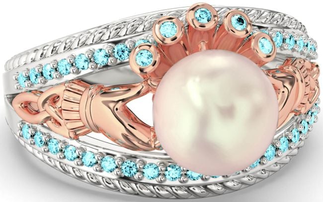 Aquamarine White Rose Gold Claddagh Pearl Ring