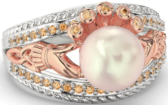 Citrine White Rose Gold Claddagh Pearl Ring