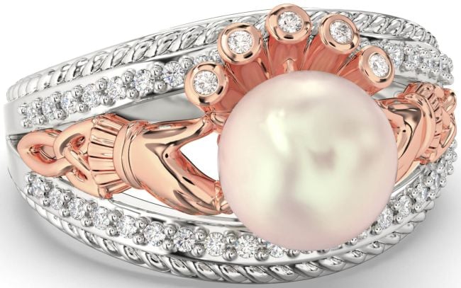 Diamond White Rose Gold Claddagh Pearl Ring