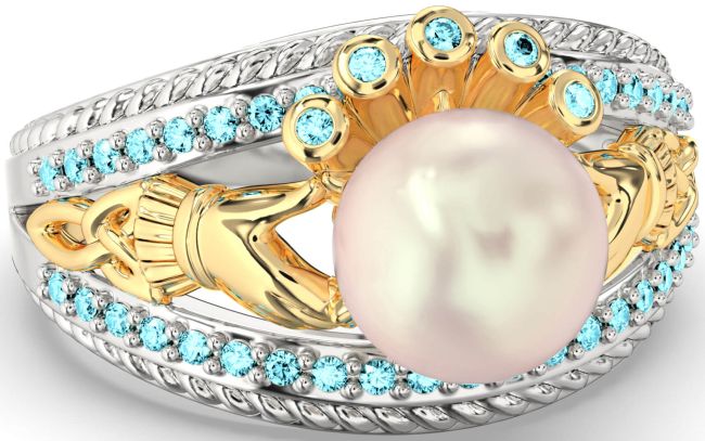 Aquamarine White Yellow Gold Claddagh Pearl Ring