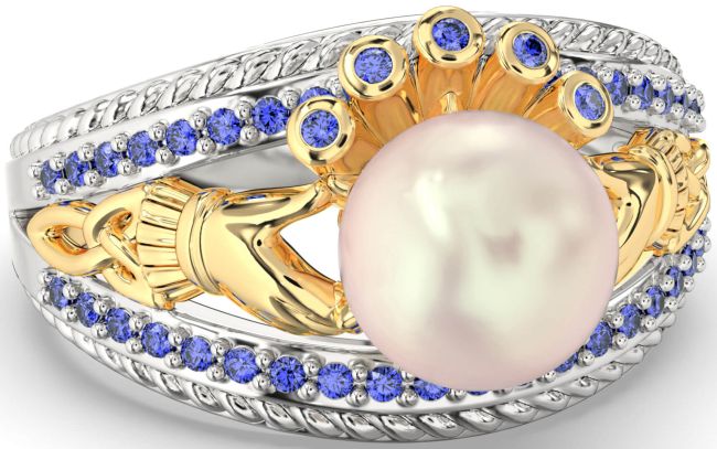 Sapphire White Yellow Gold Claddagh Pearl Ring