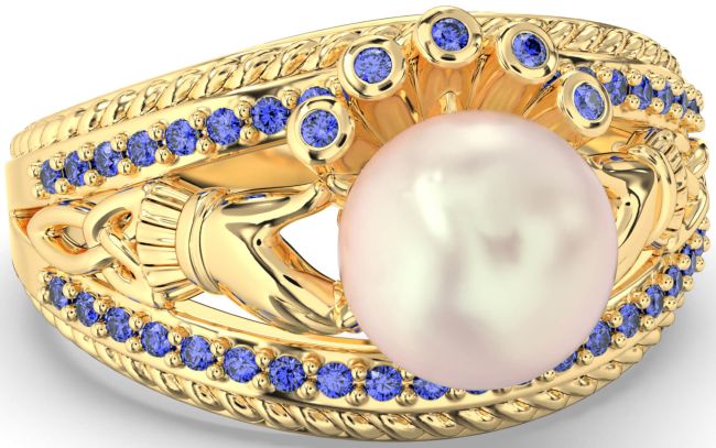 Sapphire Gold Claddagh Pearl Ring