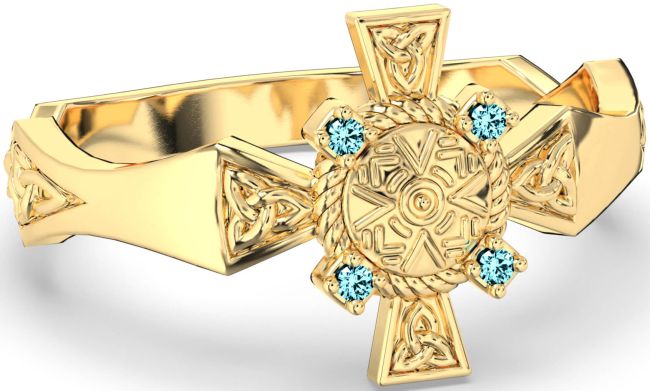 Aquamarine Gold Silver Celtic Warrior Trinity Knot Sword Ring Mens Ladies Unisex