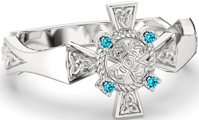 Topaz White Gold Celtic Warrior Trinity Knot Sword Ring Mens Ladies Unisex