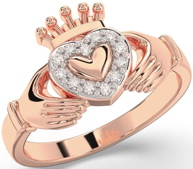 Diamond Rose Gold Silver Claddagh Ring