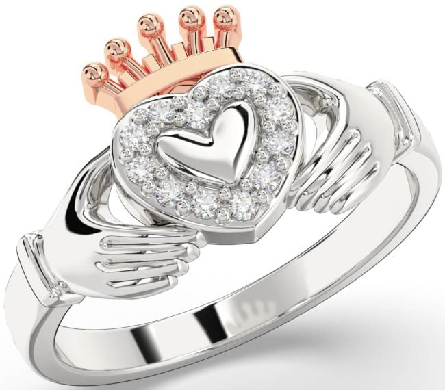 Diamond Rose Gold Silver Claddagh Ring