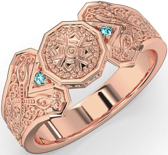 Aquamarine Rose Gold Silver Celtic Warrior Signet Ring Mens Ladies Unisex