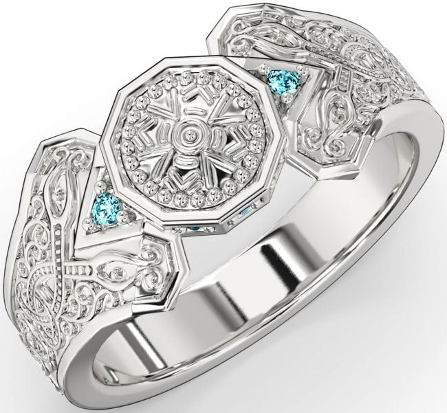 Aquamarine Silver Celtic Warrior Signet Ring Mens Ladies Unisex