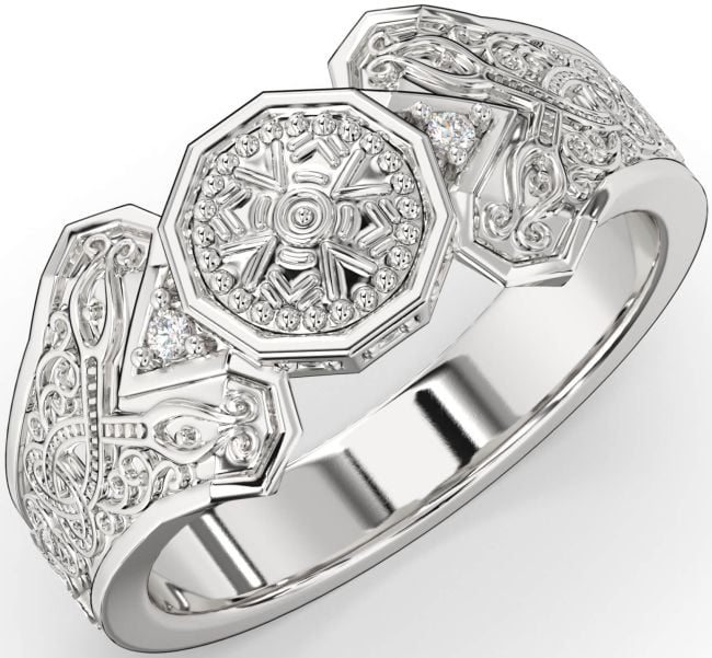 Diamond Silver Celtic Warrior Signet Ring Mens Ladies Unisex