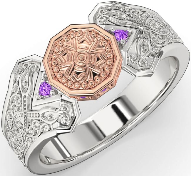 Amethyst White Rose Gold Celtic Warrior Signet Ring Mens Ladies Unisex