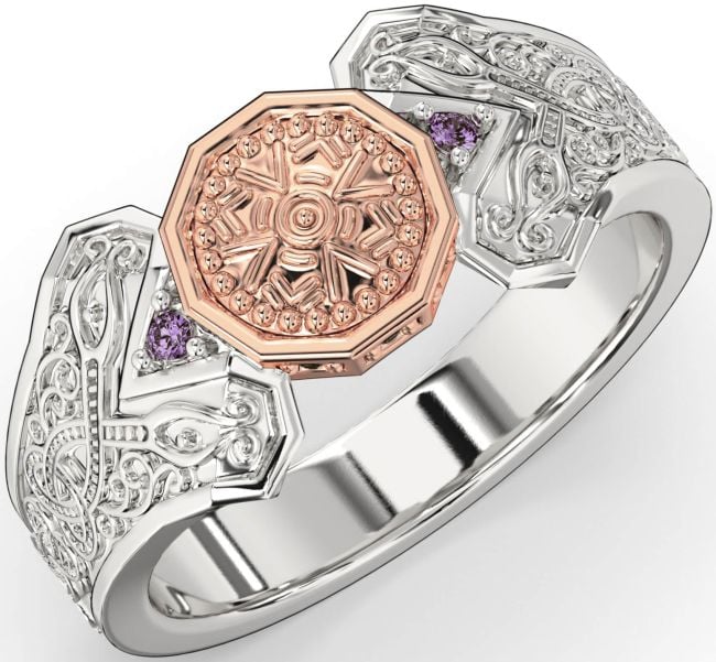 Alexandrite White Rose Gold Celtic Warrior Signet Ring Mens Ladies Unisex