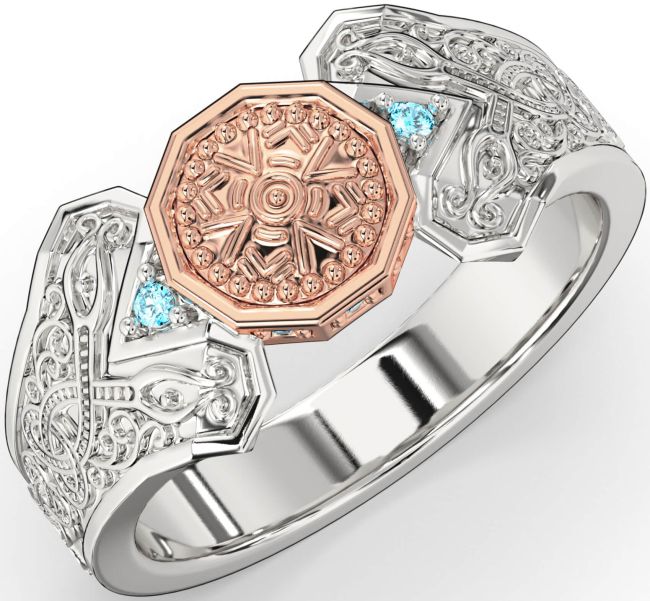 Topaz White Rose Gold Celtic Warrior Signet Ring Mens Ladies Unisex