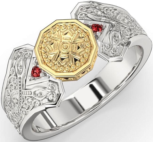 Garnet White Yellow Gold Celtic Warrior Signet Ring Mens Ladies Unisex