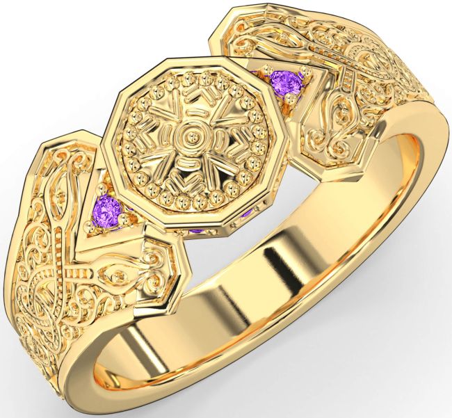 Amethyst Gold Celtic Warrior Signet Ring Mens Ladies Unisex