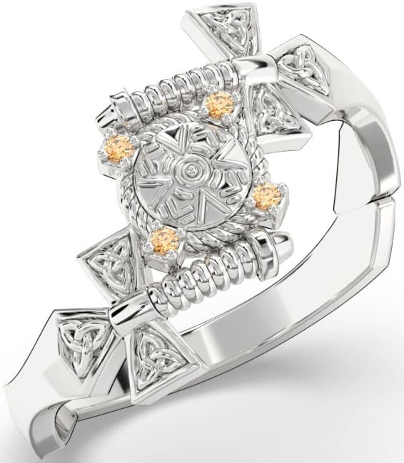 Citrine Silver Celtic Warrior Sword Trinity Knot Ring Mens Ladies Unisex