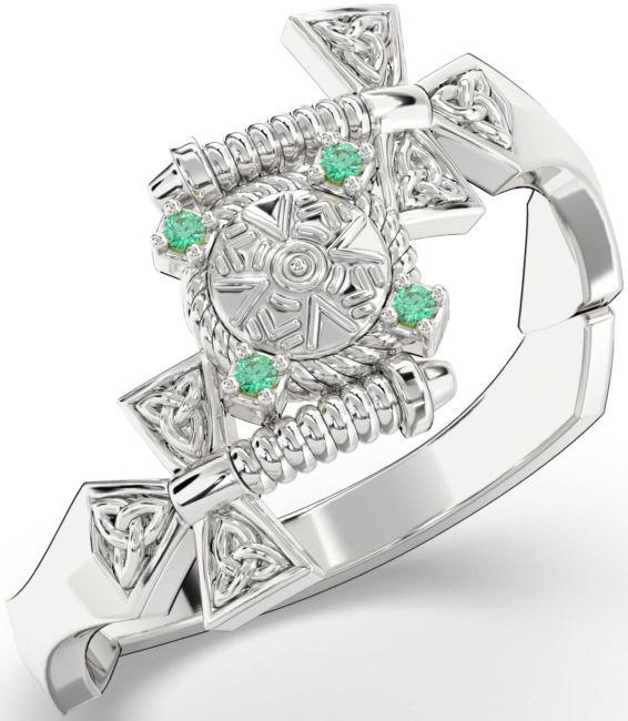 Emerald Silver Celtic Warrior Sword Trinity Knot Ring Mens Ladies Unisex