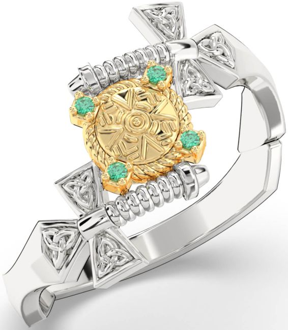 Emerald Gold Silver Celtic Warrior Sword Trinity Knot Ring Mens Ladies Unisex