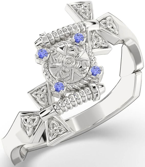 Sapphire White Gold Celtic Warrior Sword Trinity Knot Ring Mens Ladies Unisex