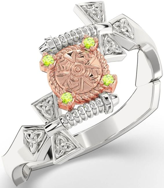 Peridot White Rose Gold Celtic Warrior Sword Trinity Knot Ring Mens Ladies Unisex