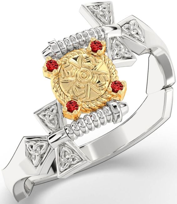 Garnet White Yellow Gold Celtic Warrior Sword Trinity Knot Ring Mens Ladies Unisex