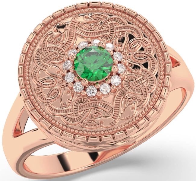 Men's Diamond Emerald Rose Gold Silver Warrior Signet Ring Mens Ladies Unisex