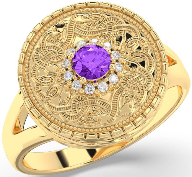 Men's Diamond Amethyst Gold Silver Warrior Signet Ring Mens Ladies Unisex