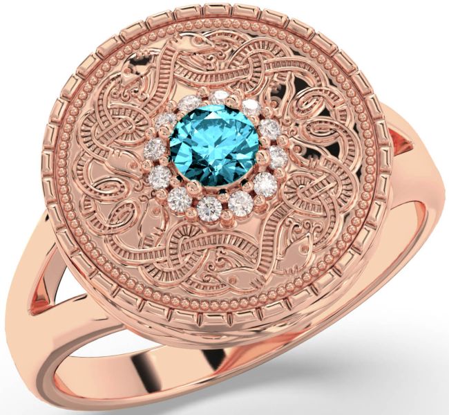 Men's Diamond Aquamarine Rose Gold Warrior Signet Ring Mens Ladies Unisex