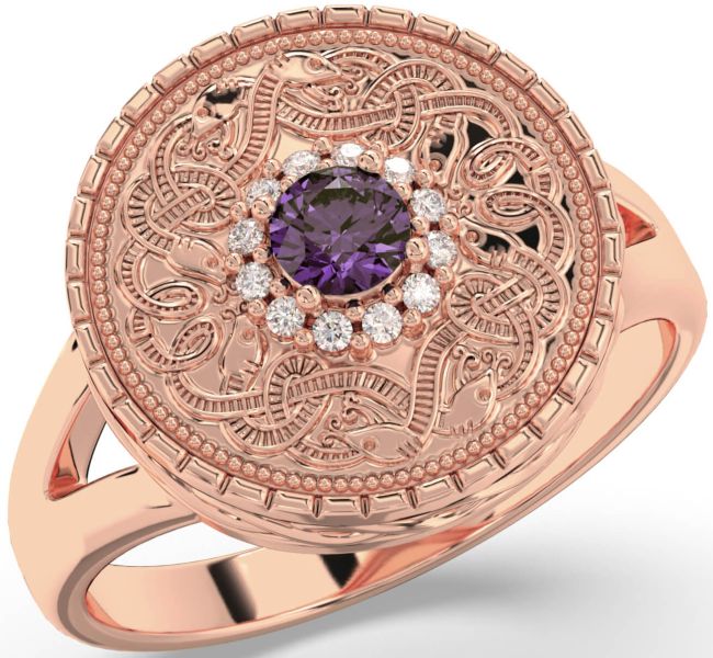 Men's Diamond Alexandrite Rose Gold Warrior Signet Ring Mens Ladies Unisex