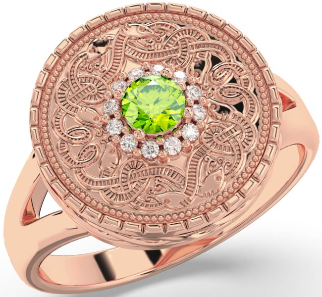 Men's Diamond Peridot Rose Gold Warrior Signet Ring Mens Ladies Unisex