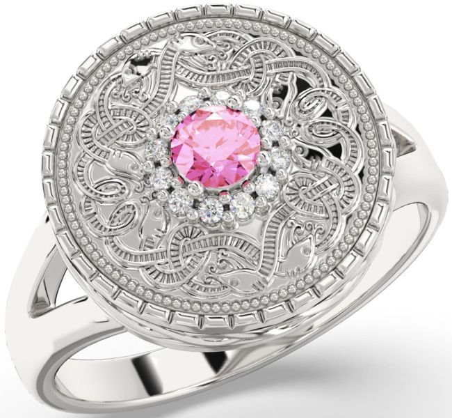 Men's Diamond Pink Tourmaline Silver Warrior Signet Ring Mens Ladies Unisex