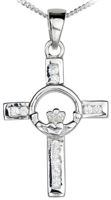 Diamond Silver Claddagh Celtic Cross Pendant Necklace