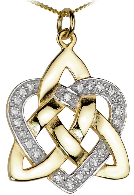 Diamond 14K Yellow and White Gold Silver Celtic Knot Heart Pendant Necklace