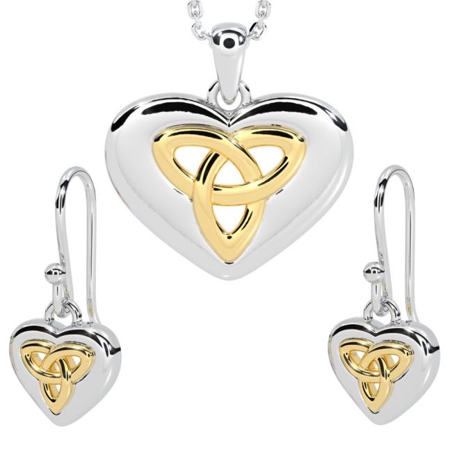 14K Two Tone Gold Solid Silver Irish Celtic Knot Dangle Earrings & Pendant Necklace Set