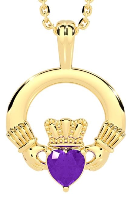 Gold Amethyst Irish Claddagh Pendant Necklace - February Birthstone