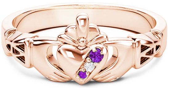 10K/14K/18K Rose Gold Genuine Amethyst.035cts Genuine Diamond .1cts Claddagh Celtic Knot Ring - February Birthstone